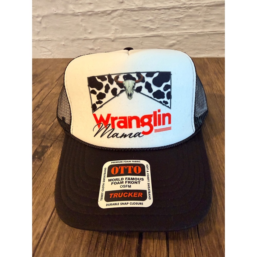 Wranglin Mama Trucker Hat Otto Foam Front Snapback Mesh Black White Cow Print